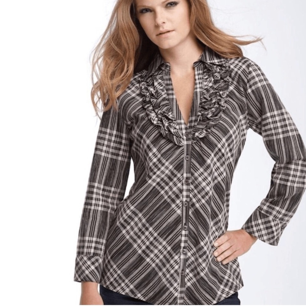 Joie‎ Plaid Ruffle Button Down Top MED Black Western Long Sleeve Casual Blouse